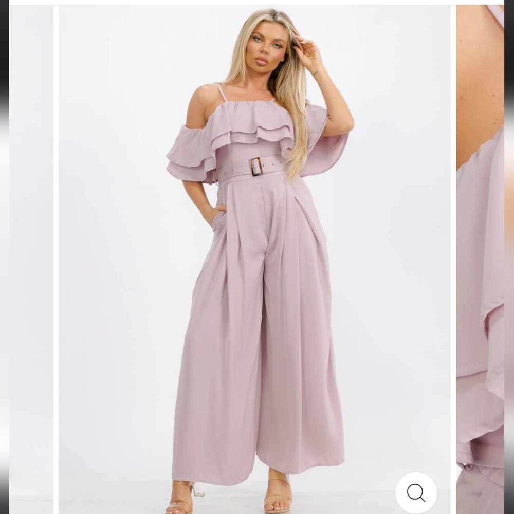 #134 SHOULDER RUFFLE BELTED POCKETS WIDE LEG JUMPSUIT